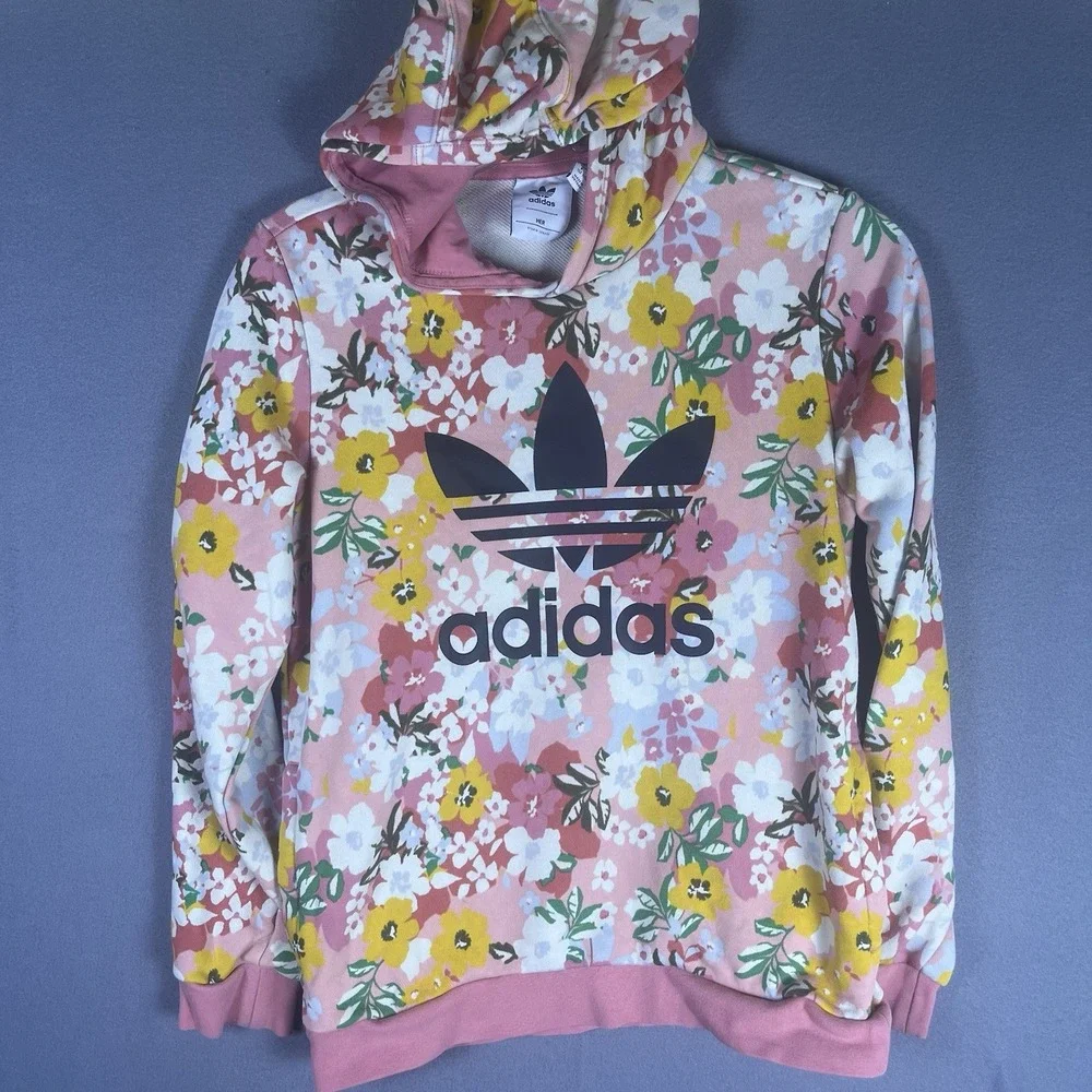 ADIDAS‎ Girls Graphic Hoodie Sz Medium Pink Floral Cotton